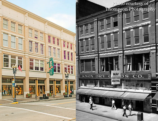 The Mast Store in Knoxville on left (today) and the same building ca. 1940s as Knox Dry Goods Co. Black and white photo is courtesy of Thompson Photography.