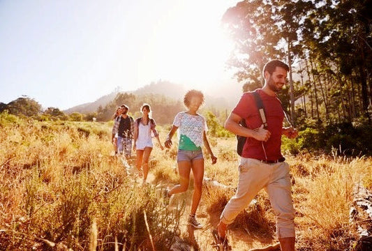 Hikers on a trail with a mountain in the background