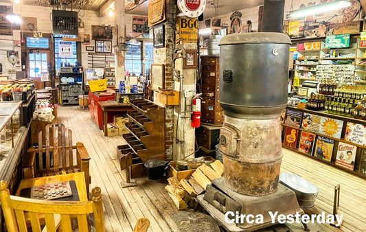 Inside the Original Mast General Store prominently featuring the pot-belly stove