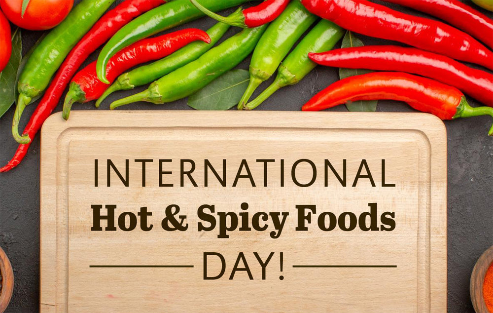 nternational Hot & Spicy Foods Day logo surrounded by hot peppers