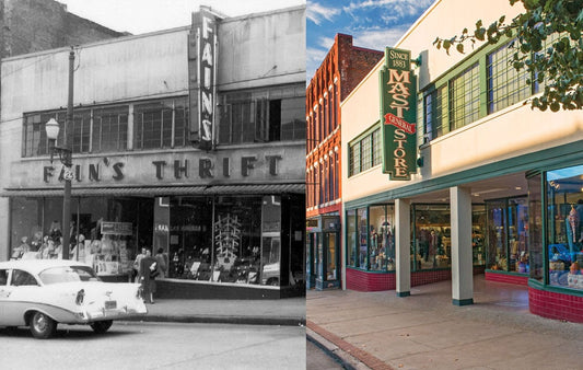 This photo features an image of 15 Biltmore Avenue with the Fain's Thrift Store (ca. 1940s) and Mast Store that is circa now.