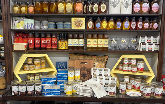 Shelves full of honey in the Mast General Store.