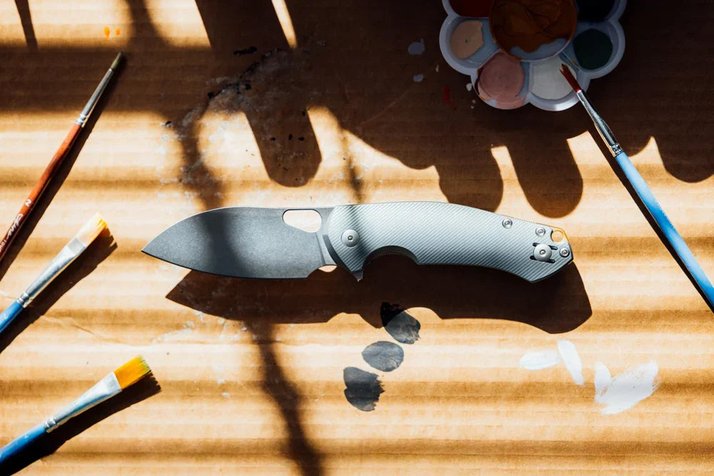 A photo of Knife-maker GiantMouse's collaboration with the Mast Store Knife Shop tof the Biblio XL, a Mast Store exclusive