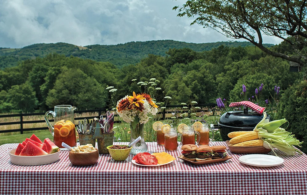 A food laden table outside on a sunny day with mountains in the background with mountain in the background