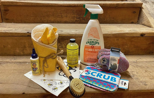 A robust collection of cleaning supplies on stairs