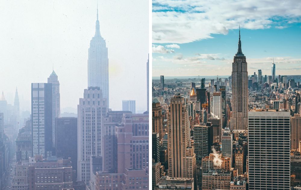 The New York skyline shown almost 50 years apart is a great example of how pollution control can be observed with the naked eye