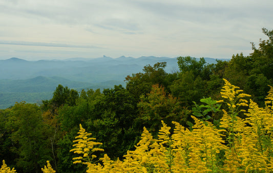 A long-range view of Table Rock and Hawksbill off the Blue Ridge Parkway