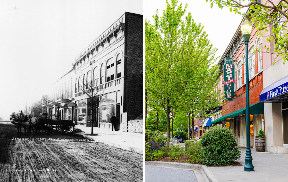 The Mast Store building in Hendersonville as it appeared in the early 1900s and today