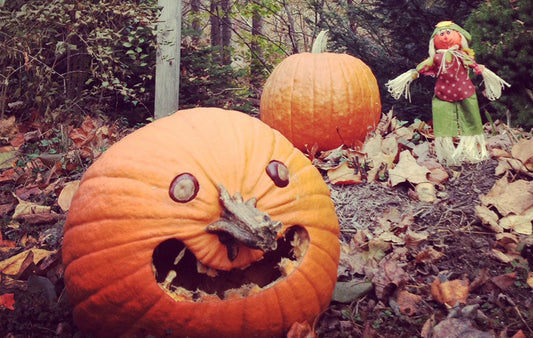 A carved Jack-o-Lantern outside the Welcome to Valle Crucis sign