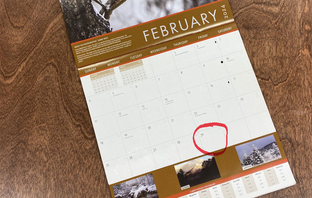 A calendar displaying February with 29 days