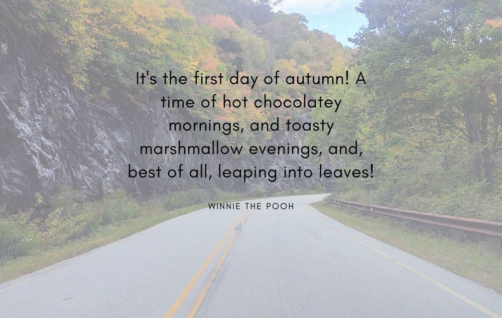 It's the first day of autumn! A time of hot chocolatey mornings, and toasty marshmallow evenings, and, best of all, leaping into leaves! Quote from Winnie the Pooh, over a fall scenic photo.