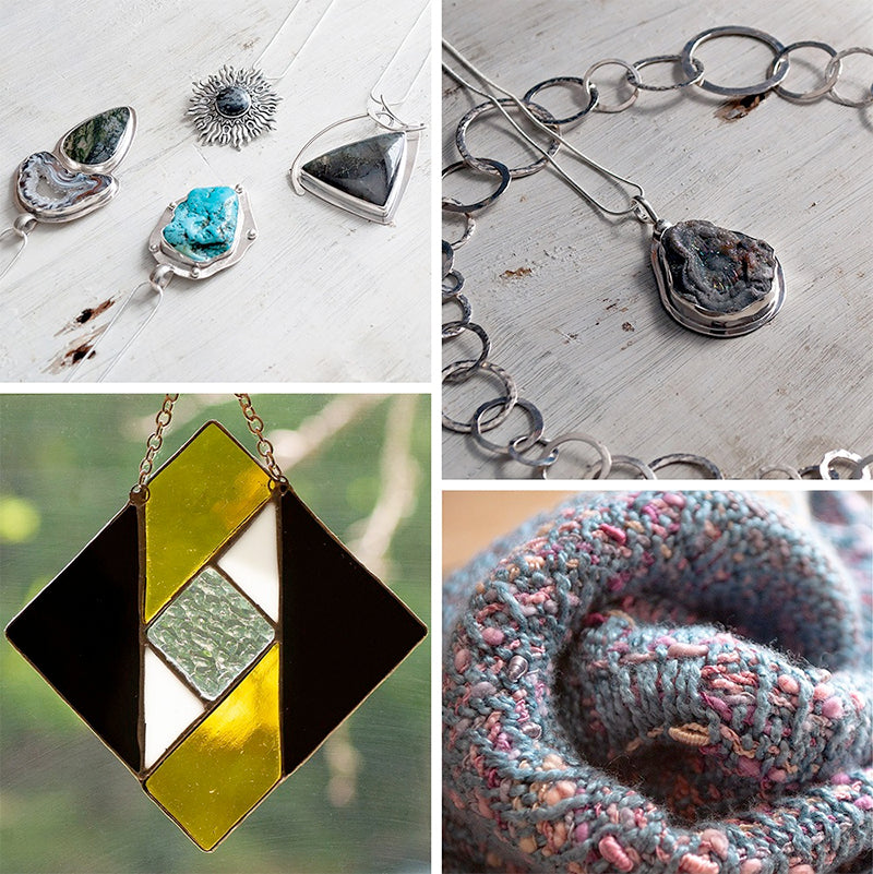 Handcrafted items for sale including jewelry, a scarf and a piece of stained glass