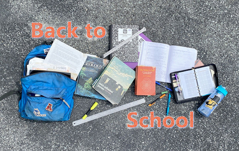 A grouping of scjool supplies including a bookbag, notebooks pens, pencils and a waterbottle.