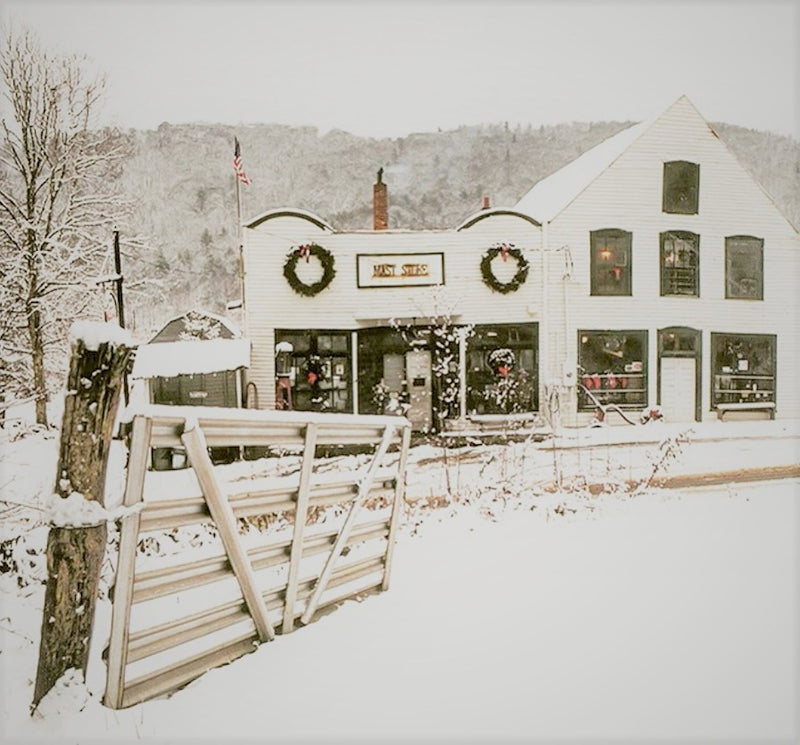 Mast General Store in the snow at Christmas time