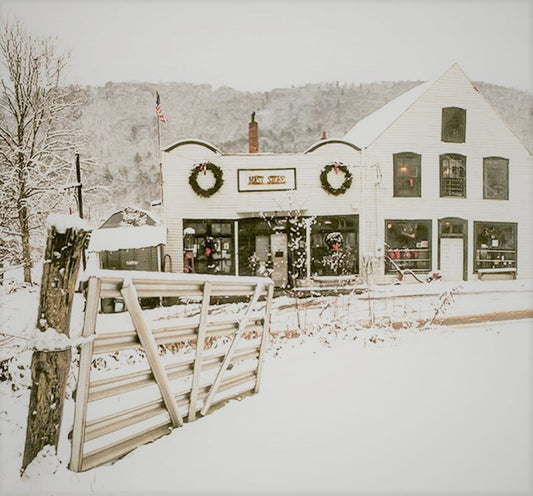Mast General Store in the snow at Christmas time