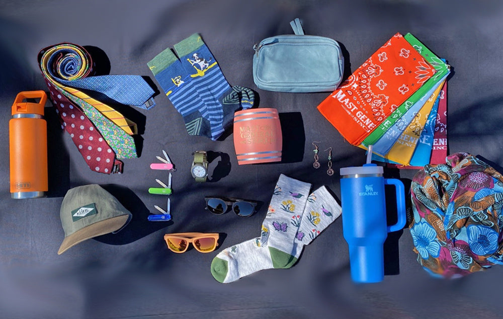 Colorful items including waterbottles, bandannas ties and more
