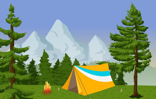 A drawing of a tent in a field with a campfire and mountains in the background