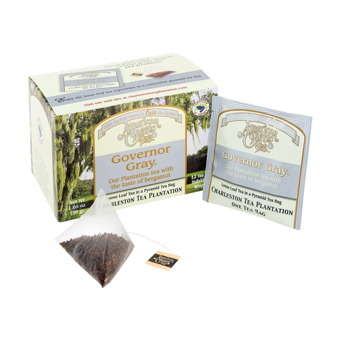 a box of American Classic Tea with a tea bag beside it.