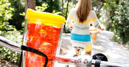 Tervis tumbler mounted to a bicycle handlebar