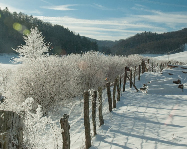 Winter Scene featuring a fenceline in the snow and mountains