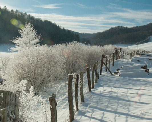 Winter Scene featuring a fenceline in the snow and mountains