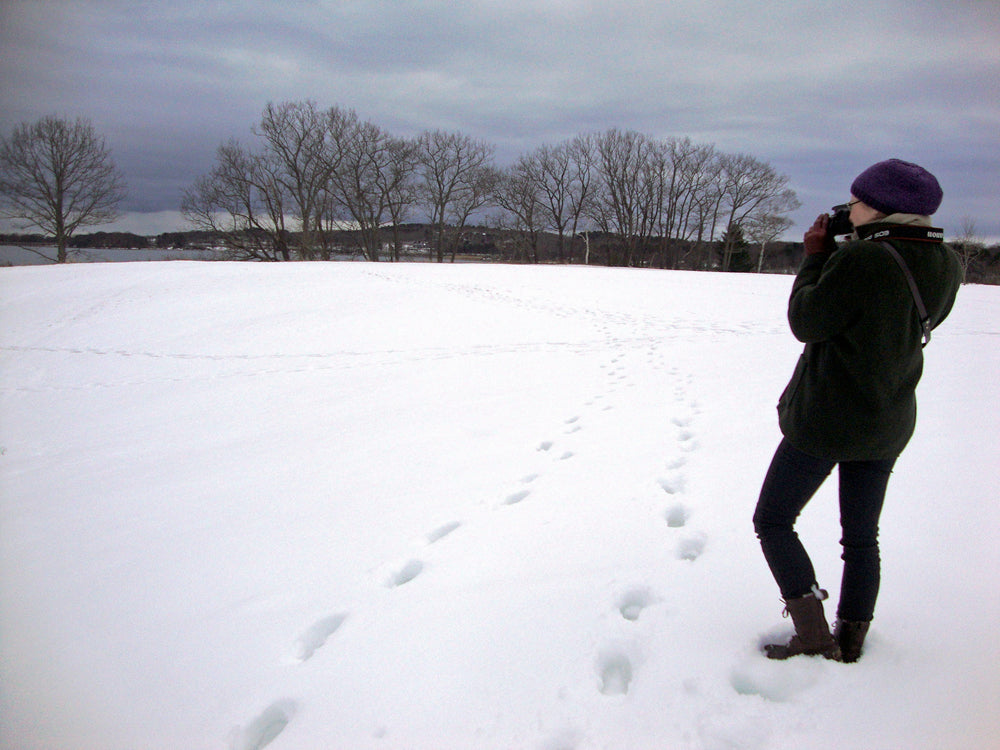 A photographer standing in the snow taking a winter landscape photo