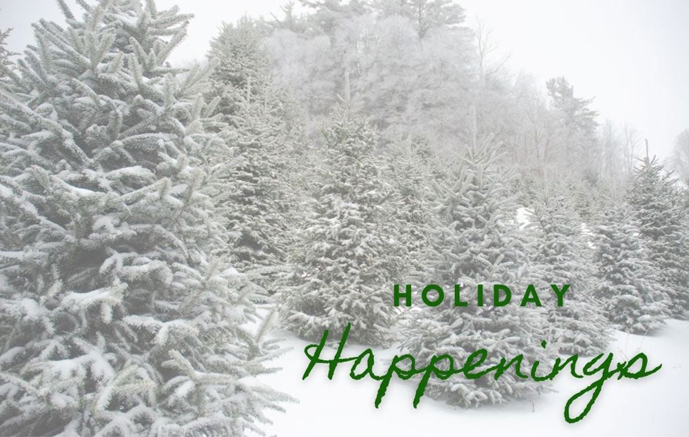 Holiday Happenings printed on a card depicting snow-covered Christmas trees in a field