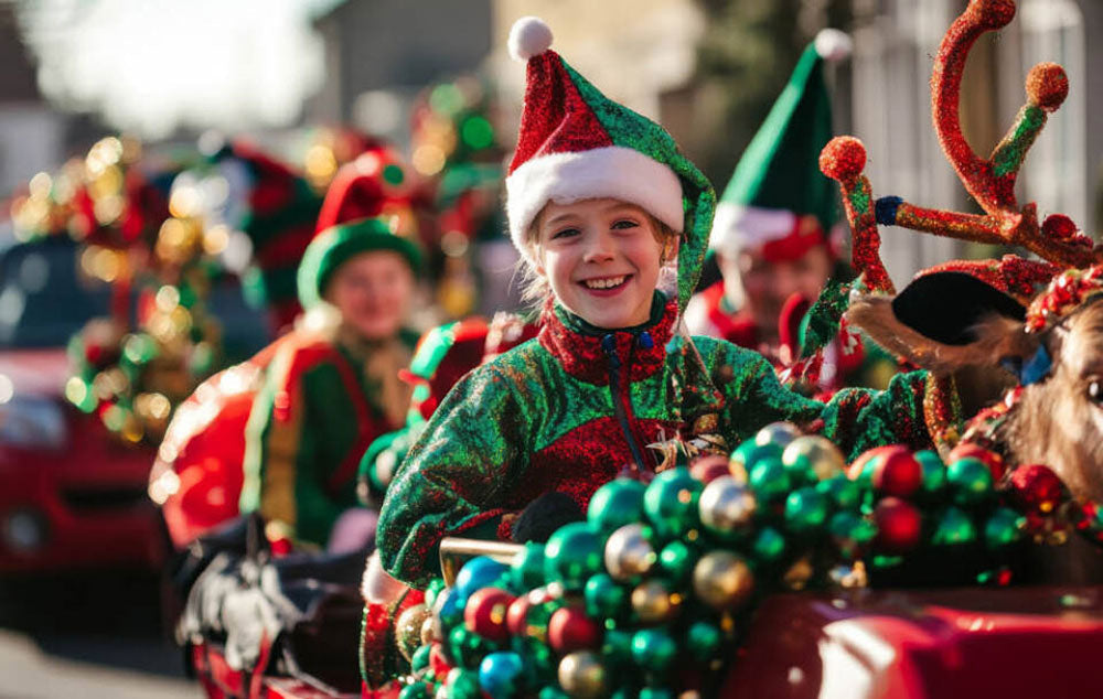 A youngster with an elf hat getting ready for a Christmas parade