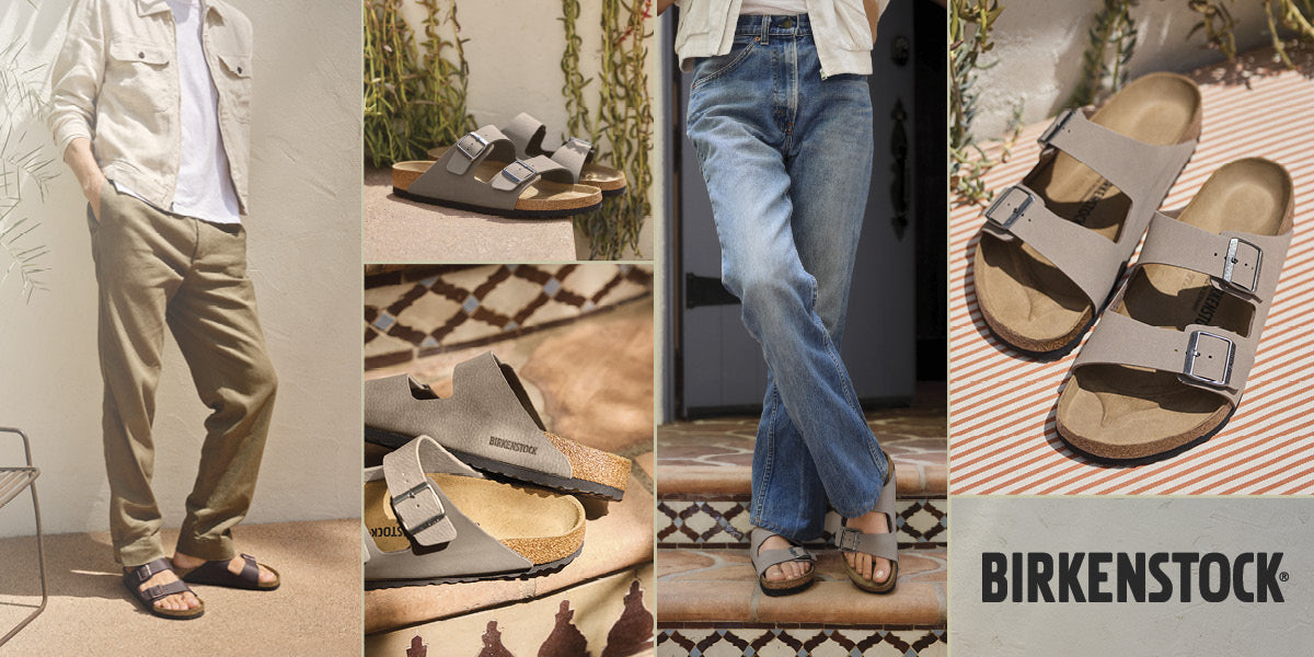 Collage of people wearing Birkenstock sandals with close-ups of the shoes.