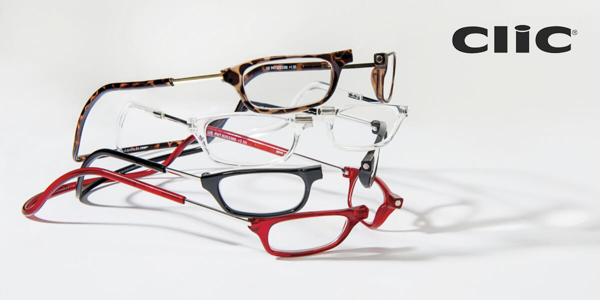 Stack of Clic eyeglasses on a white background.