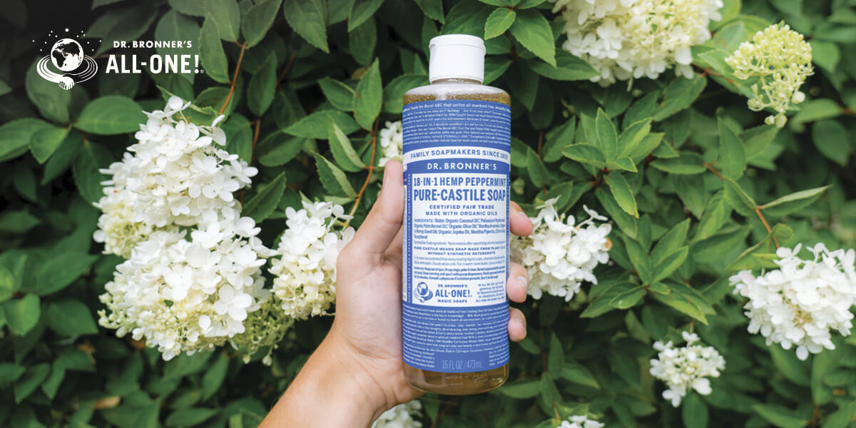 Hand holding a bottle of Dr. Bronner's Pure-Castile Soap in front of green foliage and white flowers.