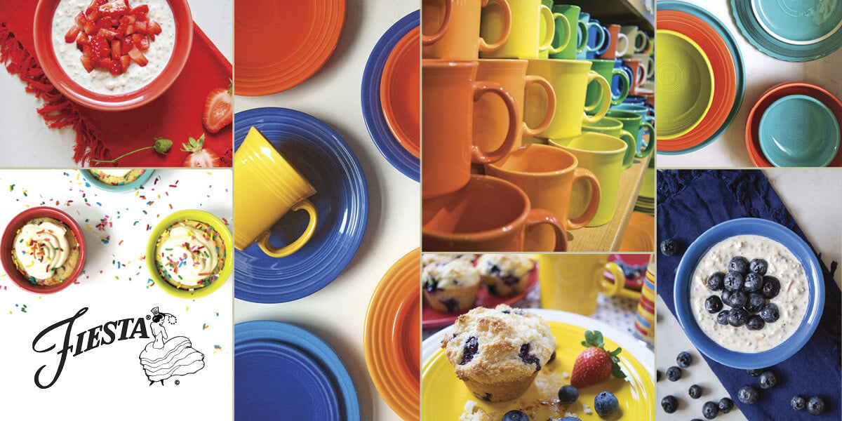 A collage featuring Fiesta tableware including plates, bowls, and mugs in various colors.