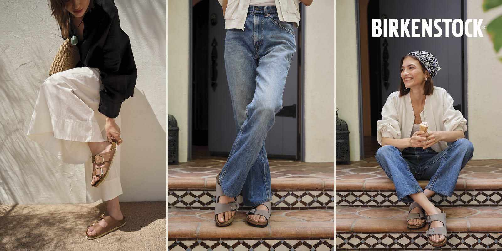 A three‑photo collage showing women wearing tan Birkenstock Arizona sandals, with two images featuring women in white tops and blue jeans, and one image featuring a woman wearing white linen wide‑leg pants with a black long‑sleeve top