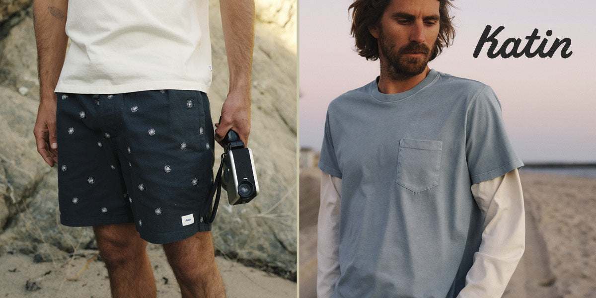 Two men wearing Katin casual clothing on a beach.