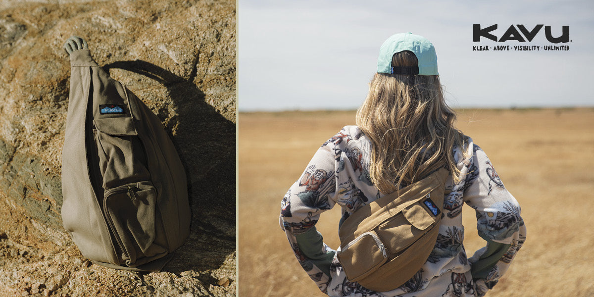 KAVU bag on a rock, and person wearing a KAVU bag in a desert setting.
