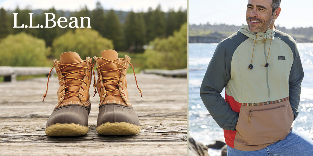Photo collage with a pair of L.L.Bean boots on a wooden dock with a person wearing an L.L.Bean multicolor Mountain Classic Anorak jacket.