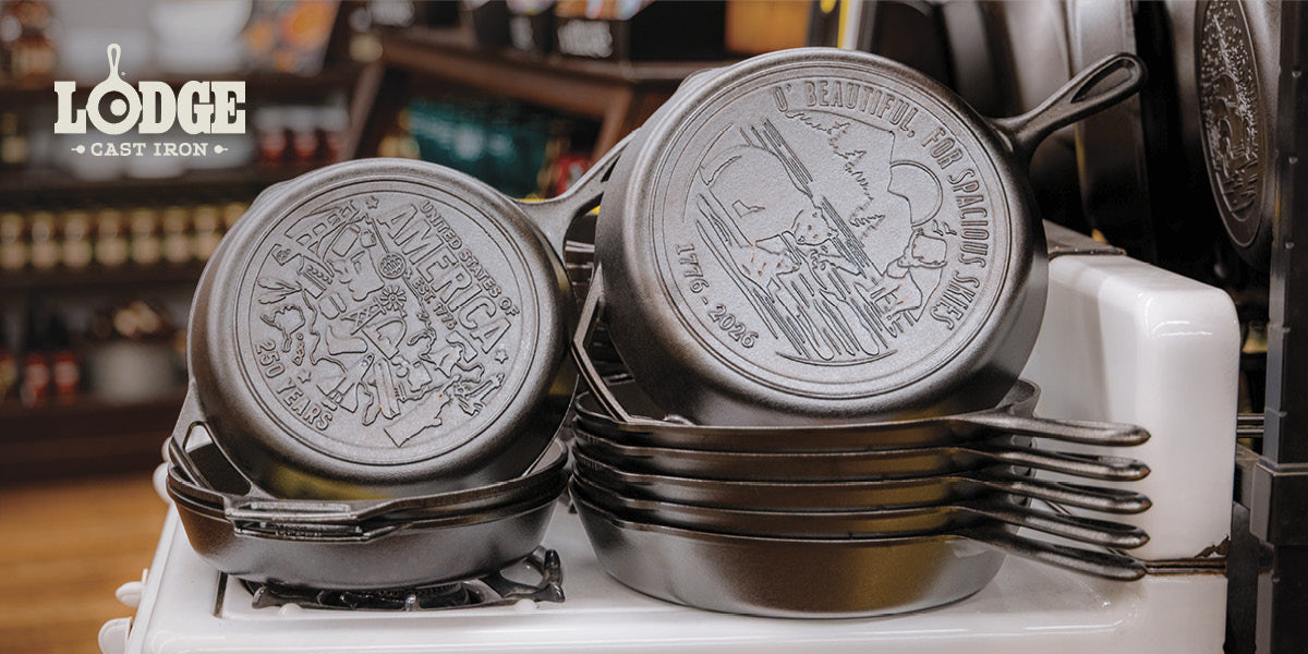 Set of two special‑edition USA 250th Anniversary Lodge cast iron skillets.