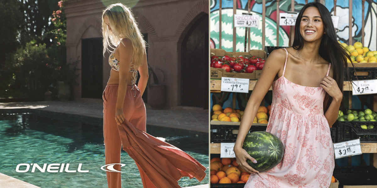 Two women wearing O’Neill clothing in a summer outdoor setting.