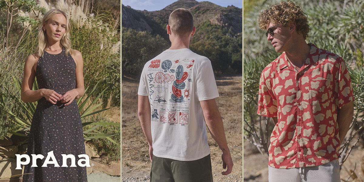 Three people wearing prAna clothing in a natural setting.