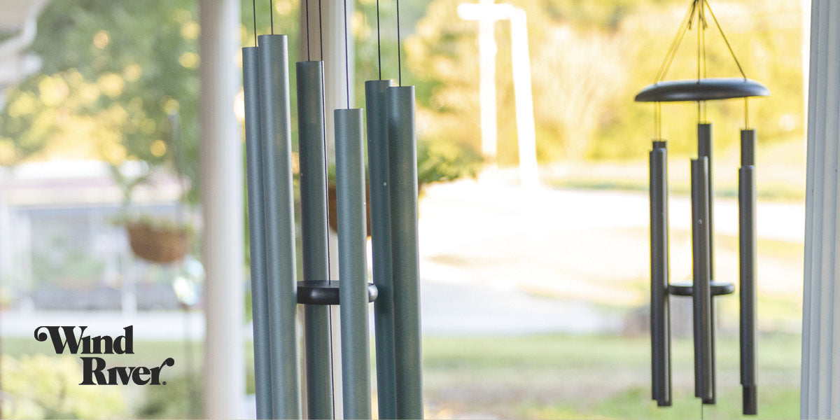 Wind River wind chimes hanging outdoors.