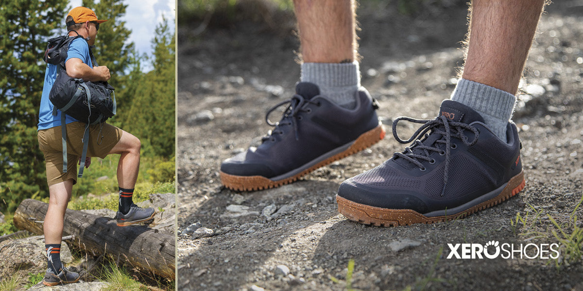 Person hiking with Xero Shoes on a rocky trail, showing the shoes' design and features.