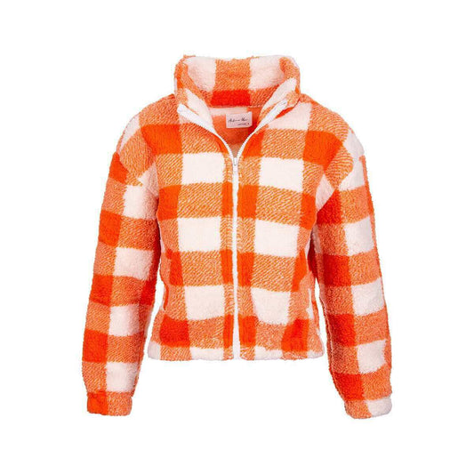 Active Basics Women's Mock Neck Plaid Faux Fur Long Sleeve Jacket