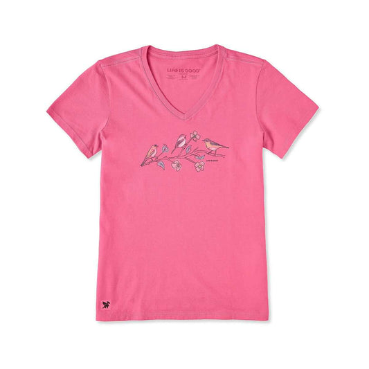 Life is Good Women's Three Little Birds on Flowers Short Sleeve Crusher V-Neck T-Shirt