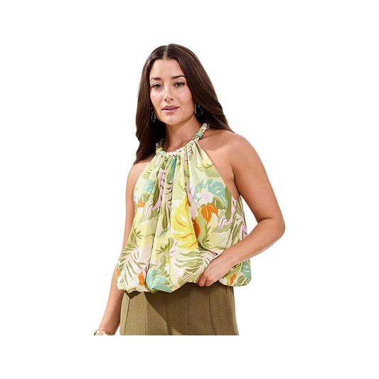 Tribal Sportswear Women's Printed Bubble Hem Braided Neckline Blouse
