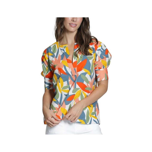 APNY Women's V-Neck Printed Bubble Short Sleeve Blouse