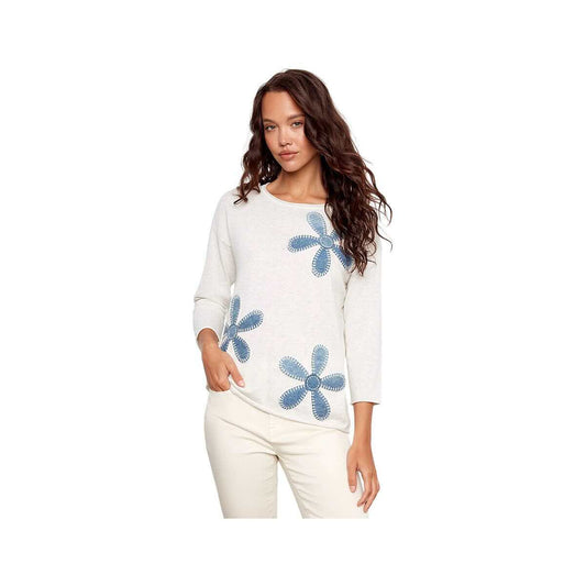 Charlie B Women's Crew Neck 3/4 Sleeve Denim Patch Sweater