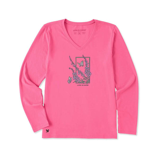 Life is Good Women's Larkspur Flower Frame Long Sleeve Crusher V-Neck Shirt