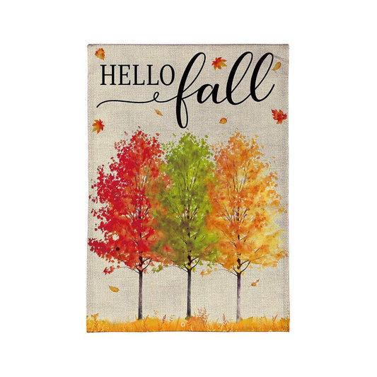 Evergreen Hello Fall Autumn Trees Burlap Garden Flag