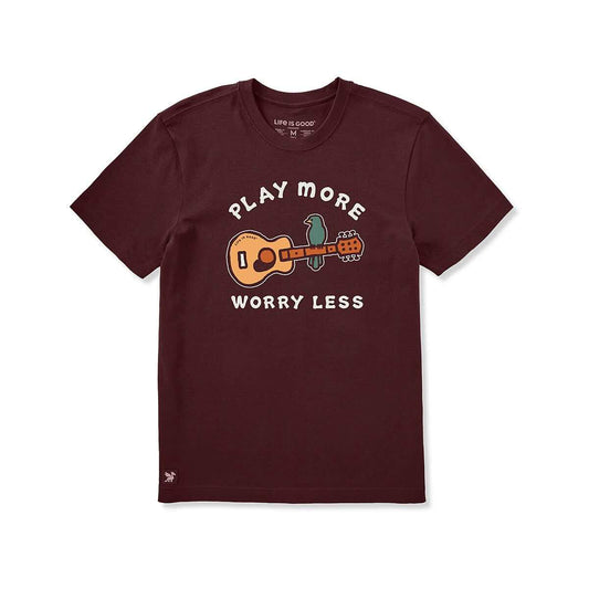 Life is Good Men's Play More Worry Less Guitar Short Sleeve Crusher T-Shirt, Deep Burgundy