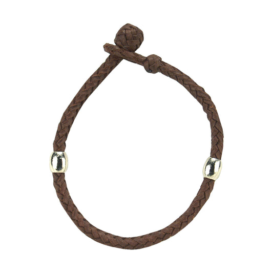 Braided Leather Bracelet with Pewter Beads Brown